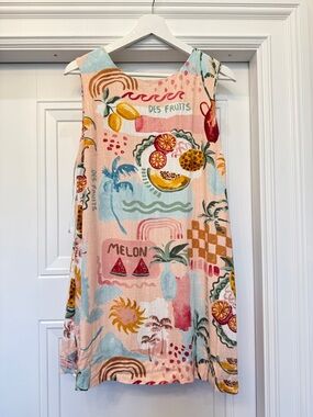 Paper Heart Linen Blend Mini Dress XL Pink Tropical Fruit Beachy Coastal Resort